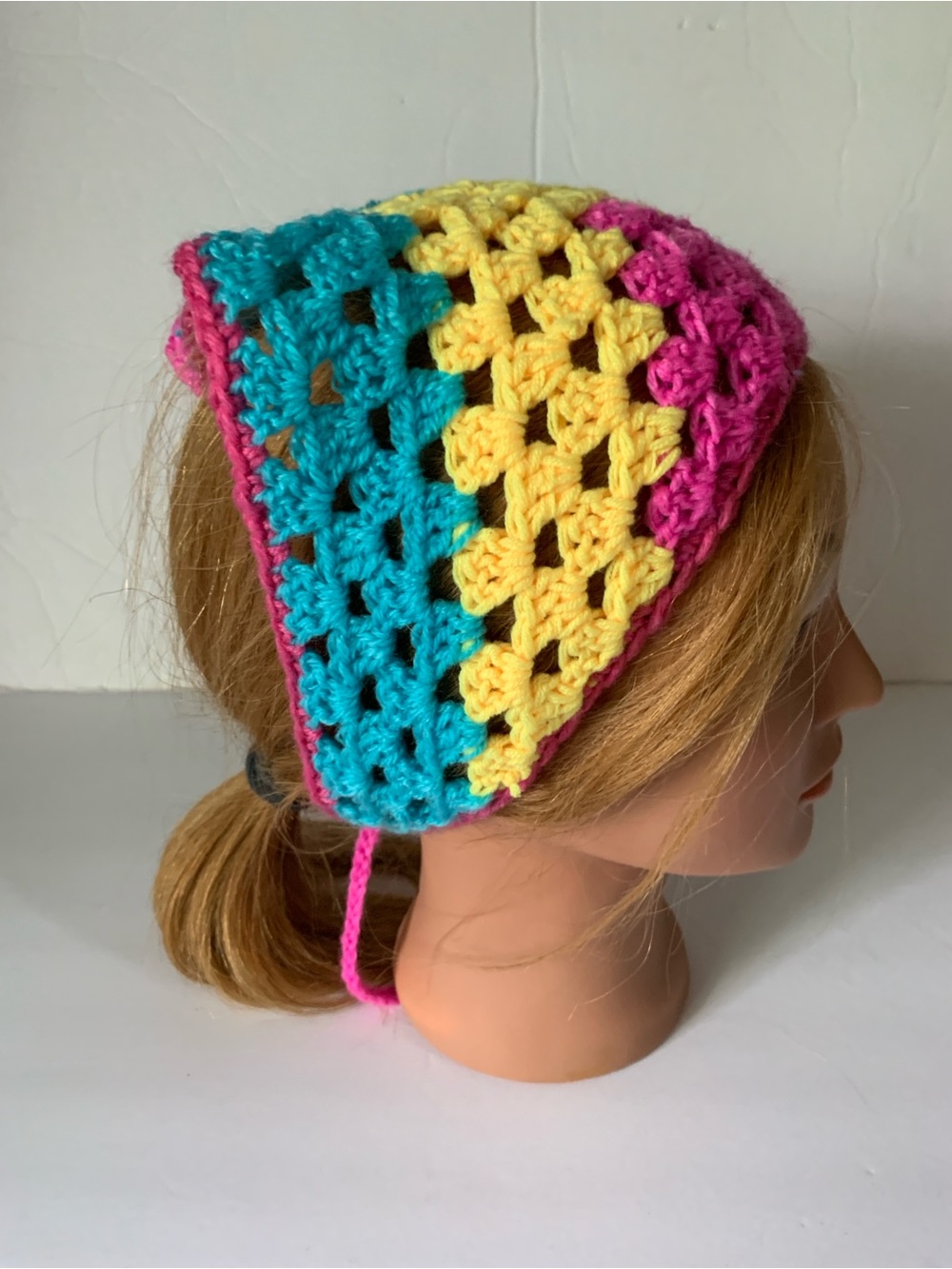 Handmade Crochet Headband Bandana Pink Yellow and Blue Pansexual Pride Flag